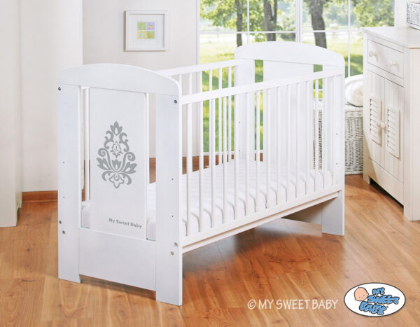 Drewniane białe łóżeczko dla niemowląt 120x60cm Glamour biało-szare