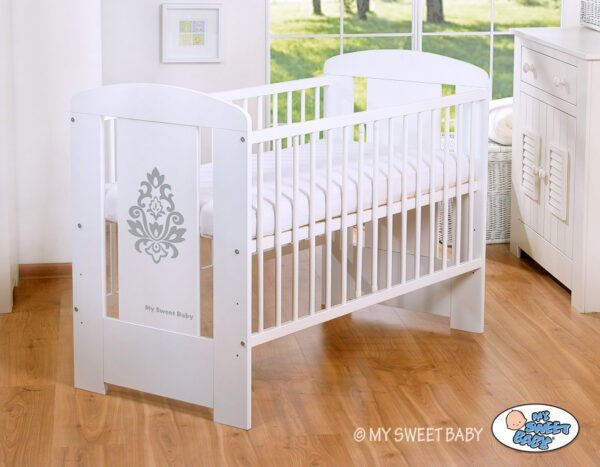 Drewniane białe łóżeczko dla niemowląt 120x60cm Glamour biało-szare