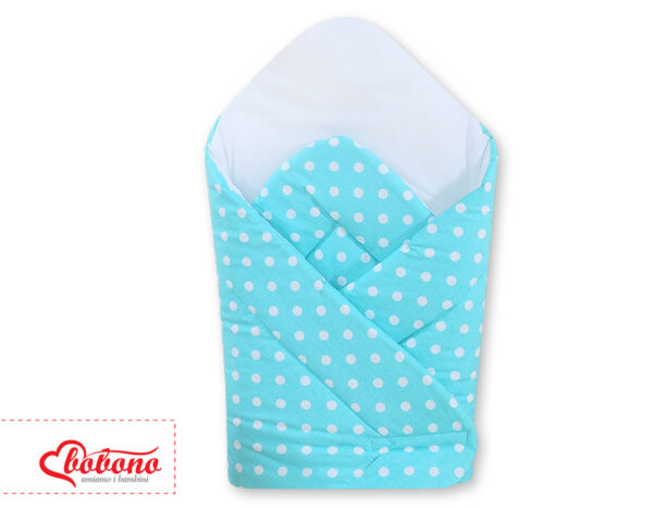 Rożek usztywniany- Wiszące serduszka białe grochy na turkusie