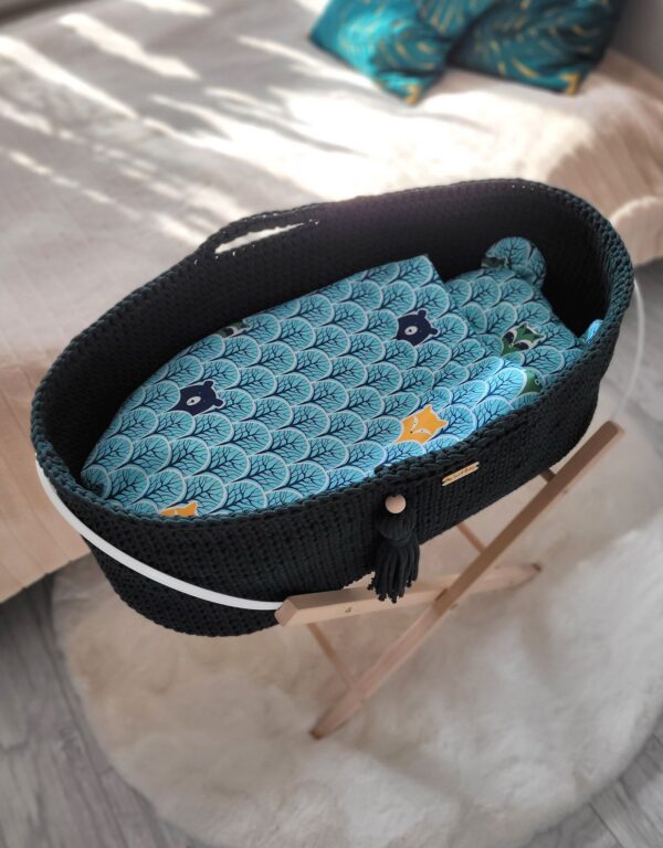 Kosz Mojżesza BOHO bawełniany Handmade z materacykiem – butelkowa zieleń