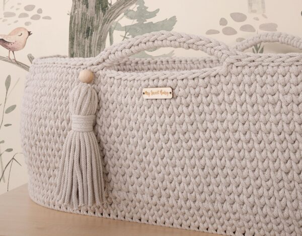 Kosz Mojżesza BOHO bawełniany Handmade z materacykiem – jasny beżowy