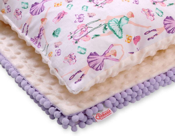 Komplet: Dwustronny kocyk bawełna z minky i poduszka – baletnice fioletowe