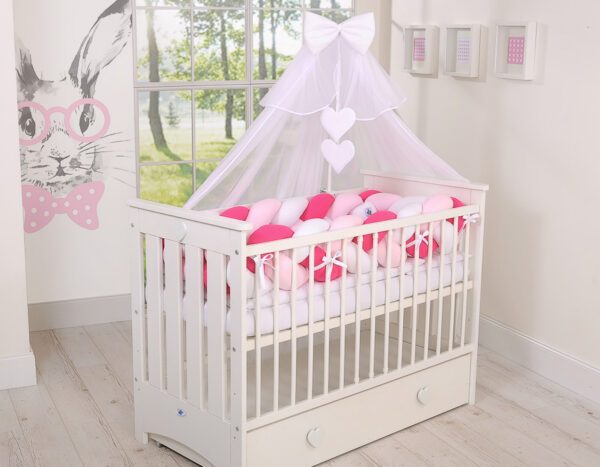 Ochraniacz warkocz pleciony do łóżeczka XXL – biało-ciemno różowy – różowy