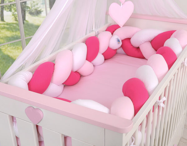 Ochraniacz warkocz pleciony do łóżeczka XXL – biało-ciemno różowy – różowy