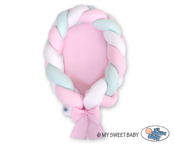 Kokon  niemowlęcy pleciony 2 w 1 – biało-różowo-miętowy