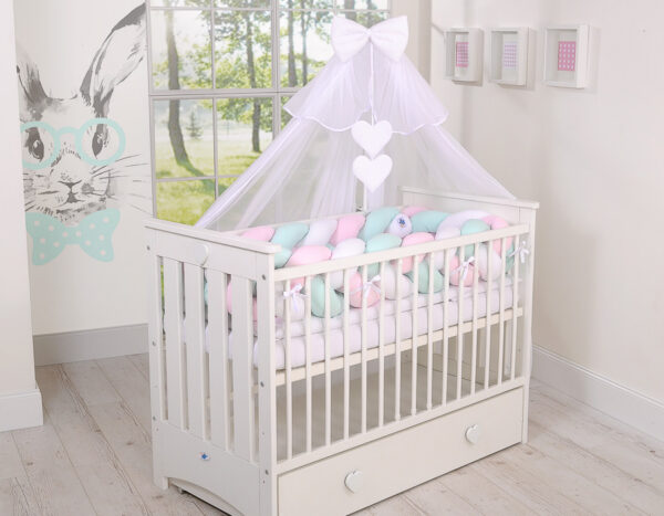 Ochraniacz warkocz pleciony do łóżeczka XXL – biało-różowo – miętowy