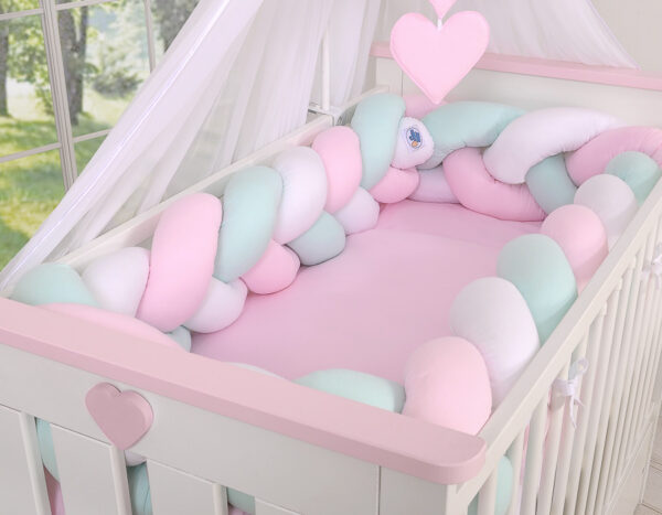 Ochraniacz warkocz pleciony do łóżeczka XXL – biało-różowo – miętowy