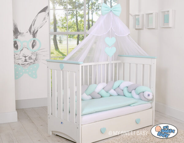 Ochraniacz warkocz pleciony do łóżeczka – biało-szaro-miętowy