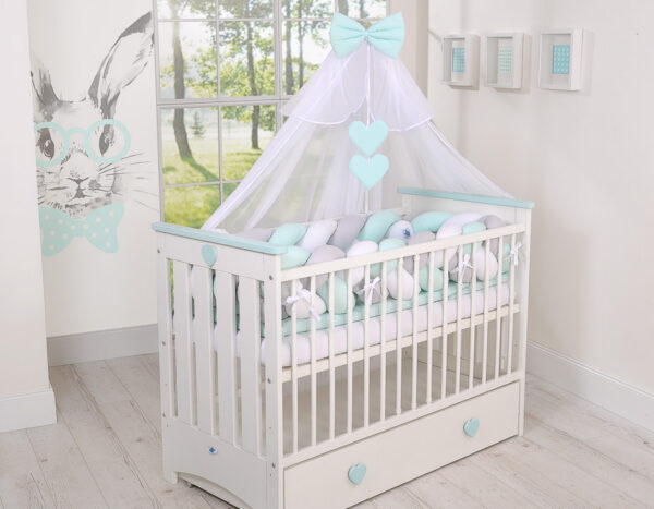 Ochraniacz warkocz pleciony do łóżeczka XXL – biało-szary – miętowy