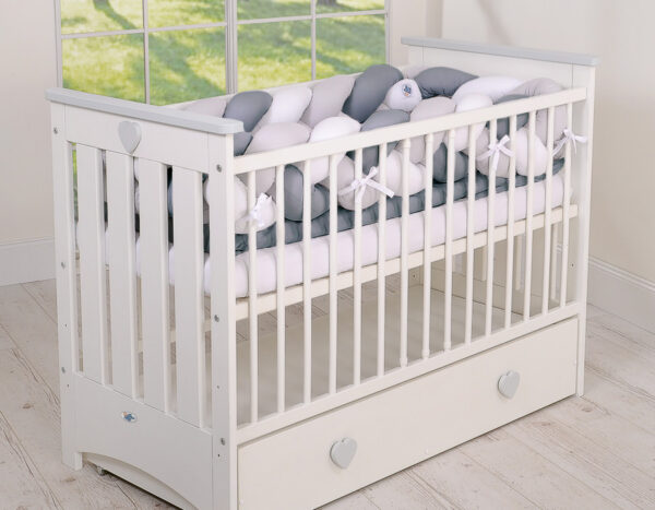 Ochraniacz warkocz pleciony do łóżeczka XXL – biały-szary-antracyt