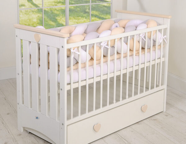 Ochraniacz warkocz pleciony do łóżeczka XXL – biały-szary-beżowy