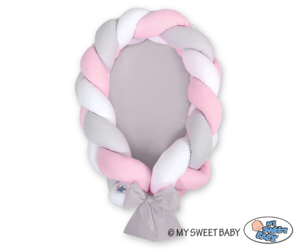 Kokon niemowlęcy pleciony 2 w 1 – biało-szaro-różowy