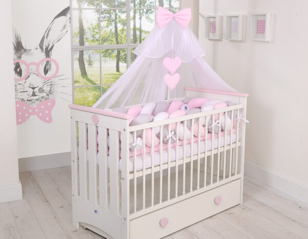 Ochraniacz warkocz pleciony do łóżeczka XXL – biało-szaro-różowy