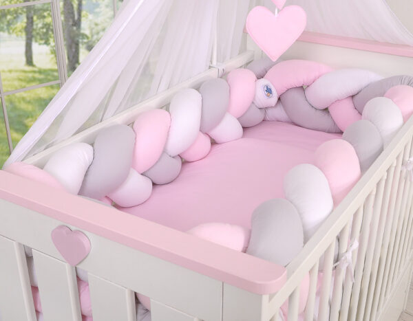 Ochraniacz warkocz pleciony do łóżeczka XXL – biało-szaro-różowy