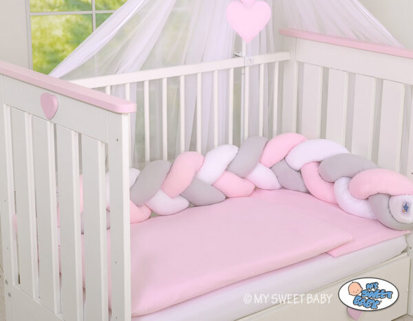 Ochraniacz warkocz pleciony do łóżeczka – biało-szaro-różowy