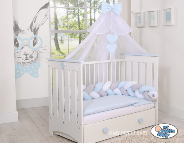 Ochraniacz warkocz pleciony do łóżeczka –  biało-szaro-niebieski