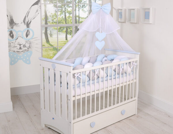 Ochraniacz warkocz pleciony do łóżeczka XXL – biało-szaro – niebieski