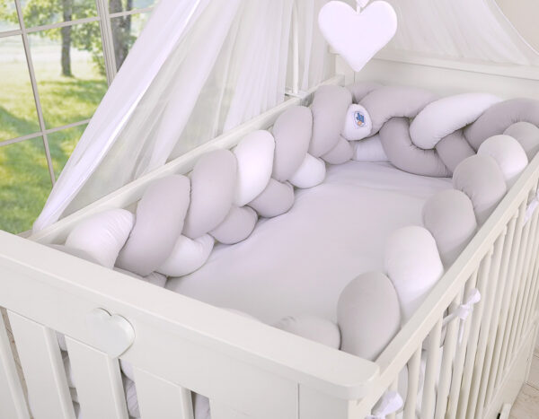 Ochraniacz warkocz pleciony do łóżeczka XXL – biało-szary