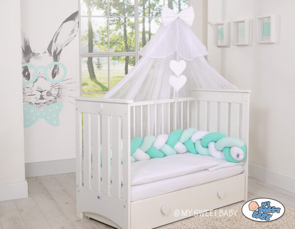 Ochraniacz warkocz pleciony do łóżeczka – biało-miętowy