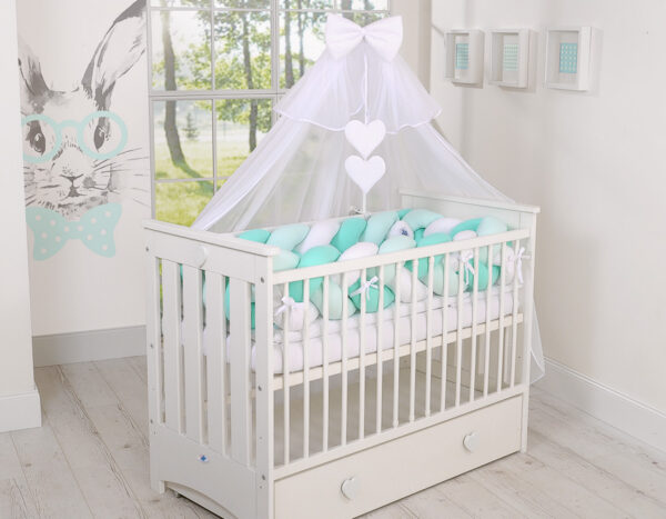 Ochraniacz warkocz pleciony do łóżeczka XXL – biało-miętowy