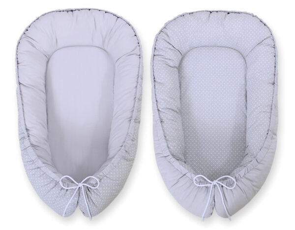 Kokon niemowlęcy dwustronny kojec otulacz Premium BOBONO- kropki na szarym/szary