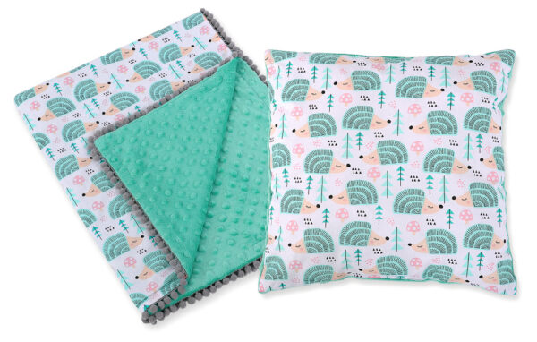 Komplet: Dwustronny kocyk bawełna z minky i poduszka – Jeżyki miętowe