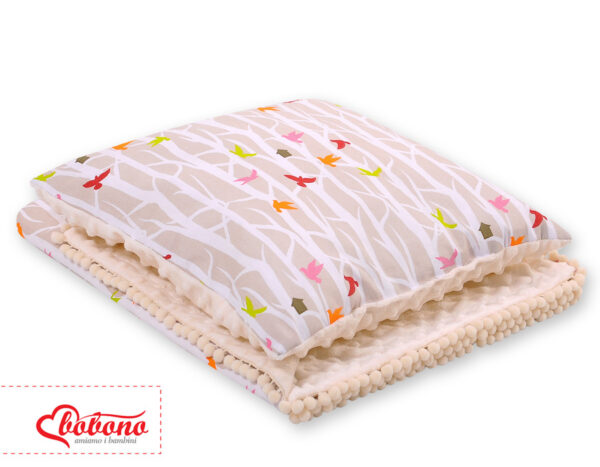 Komplet: Dwustronny kocyk minky   poduszka drzewka beżowe