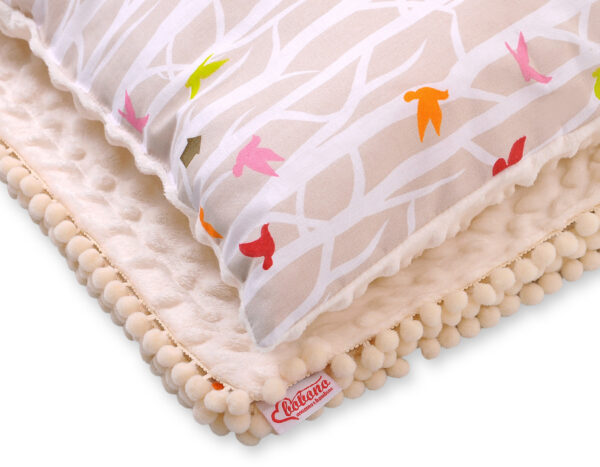 Komplet: Dwustronny kocyk minky   poduszka drzewka beżowe