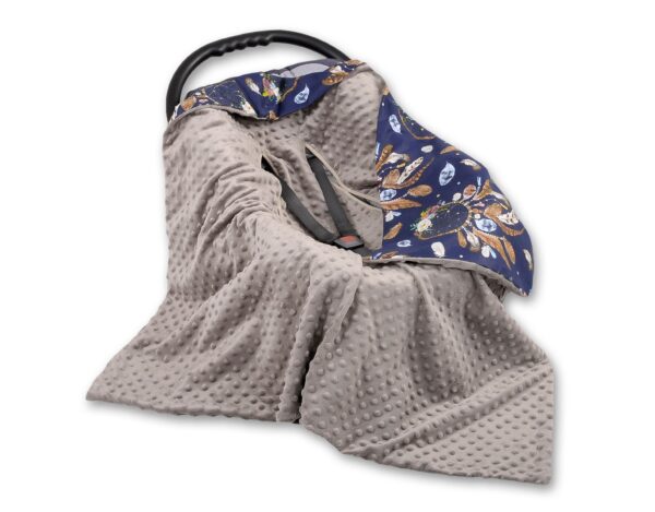 Duży otulacz dla niemowląt do fotelika nosidełka wózka dwustronny – łapacze snów granatowe/ brąz