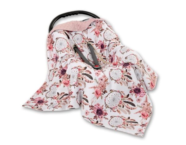 Duży otulacz dla niemowląt do fotelika nosidełka wózka dwustronny – łapacze snów kwiatowe/brudny róż