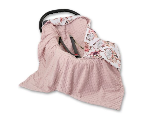 Duży otulacz dla niemowląt do fotelika nosidełka wózka dwustronny – łapacze snów kwiatowe/brudny róż