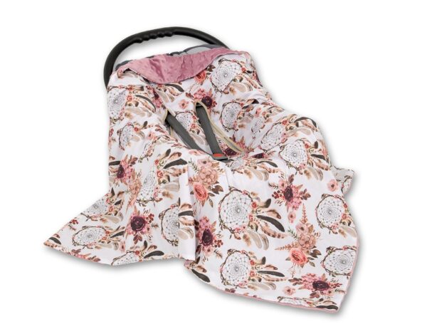Duży otulacz dla niemowląt do fotelika nosidełka wózka dwustronny – łapacze snów kwiatowe/róż retro