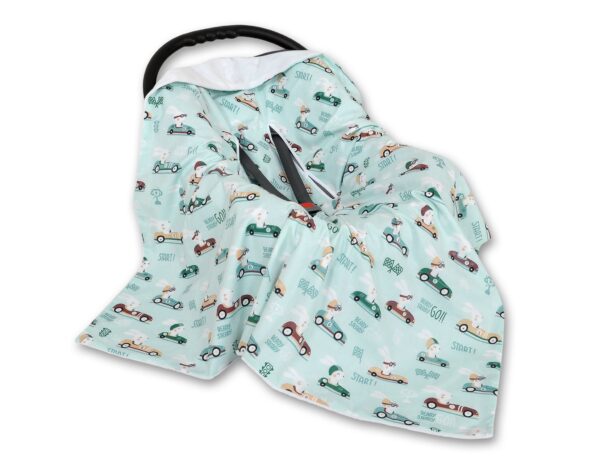 Duży otulacz dla niemowląt do fotelika nosidełka wózka dwustronny – zajączki miętowe/biały