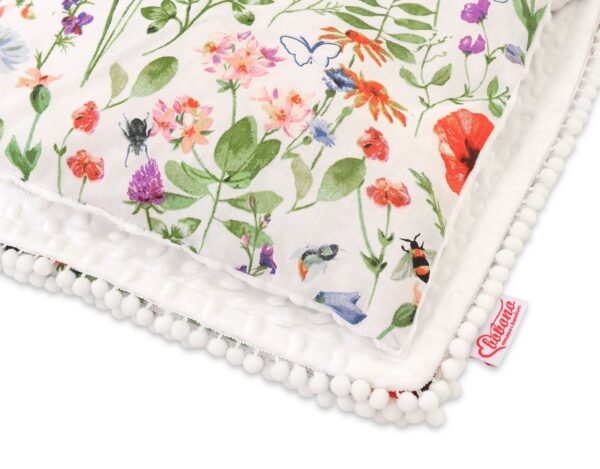 Komplet: Dwustronny kocyk bawełna z minky i poduszka – Łąka