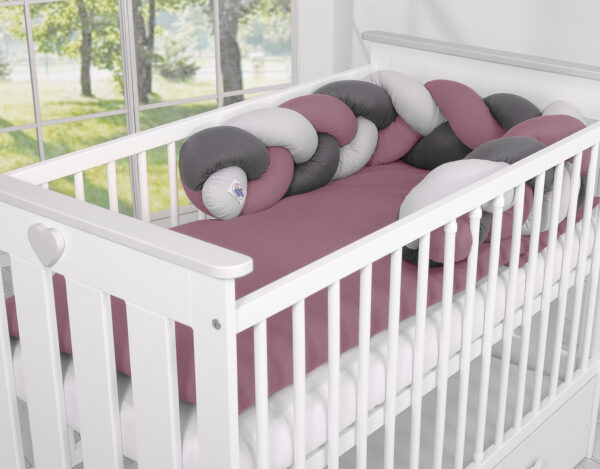 Ochraniacz warkocz pleciony do łóżeczka – retro róż-szary-antracyt