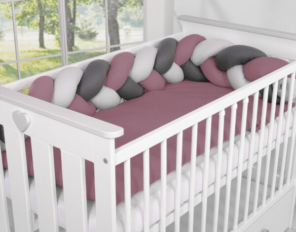 Ochraniacz warkocz pleciony do łóżeczka – retro róż-szary-antracyt