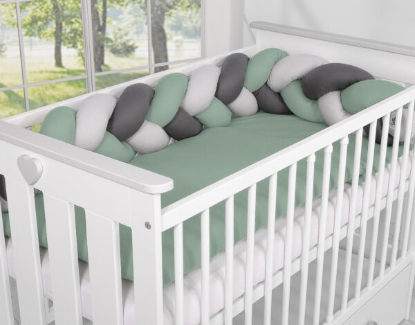 Ochraniacz warkocz pleciony do łóżeczka – szałwia-szary-antracyt