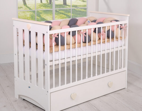 Ochraniacz warkocz pleciony do łóżeczka XXL – beżowy-antracyt-brudny róż