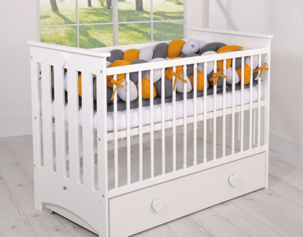 Ochraniacz warkocz pleciony do łóżeczka XXL – szary-musztardowy-antracyt