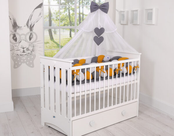 Ochraniacz warkocz pleciony do łóżeczka XXL – szary-musztardowy-antracyt