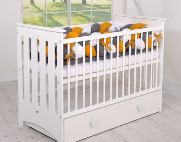 Ochraniacz warkocz pleciony do łóżeczka XXL – biały-musztardowy-antracyt