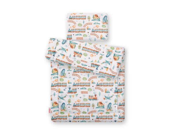 Komplet pościeli dla niemowląt z wypełnieniem 2-cz 75x100cm NEWBORN – pociąg turkusowy