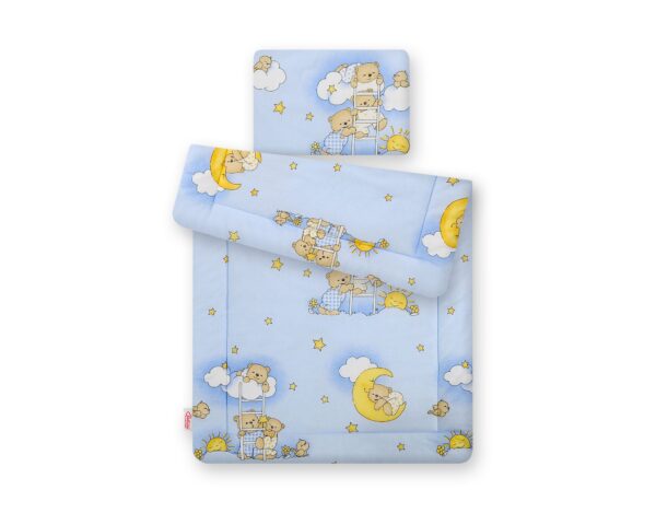 Komplet pościeli dla niemowląt z wypełnieniem 2-cz 75x100cm NEWBORN – misie na drabinkach niebieskie