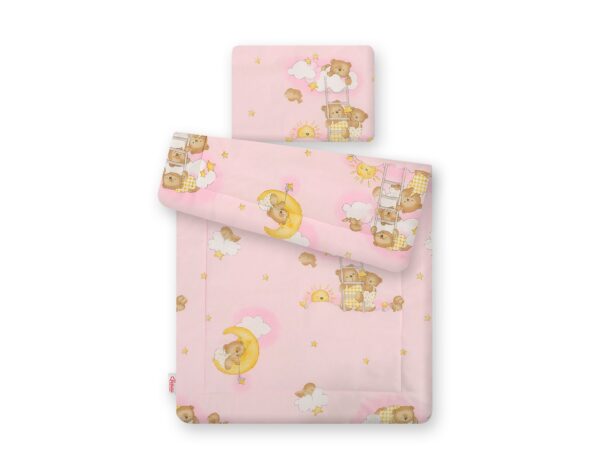 Komplet pościeli dla niemowląt z wypełnieniem 2-cz 75x100cm NEWBORN – Misie na drabinkach różowe