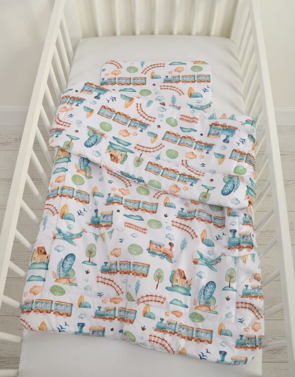 Komplet pościeli dla dzieci z wypełnieniem 135×100 cm – pociąg turkusowy