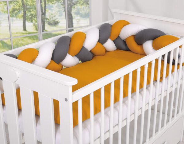 Ochraniacz warkocz pleciony do łóżeczka – biały-musztardowy-antracyt