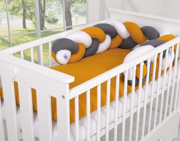 Ochraniacz warkocz pleciony do łóżeczka – biały-musztardowy-antracyt