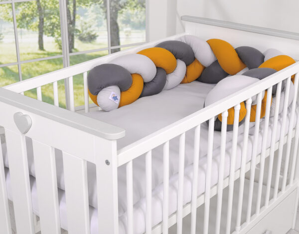 Ochraniacz warkocz pleciony do łóżeczka – szary-musztardowy-antracyt