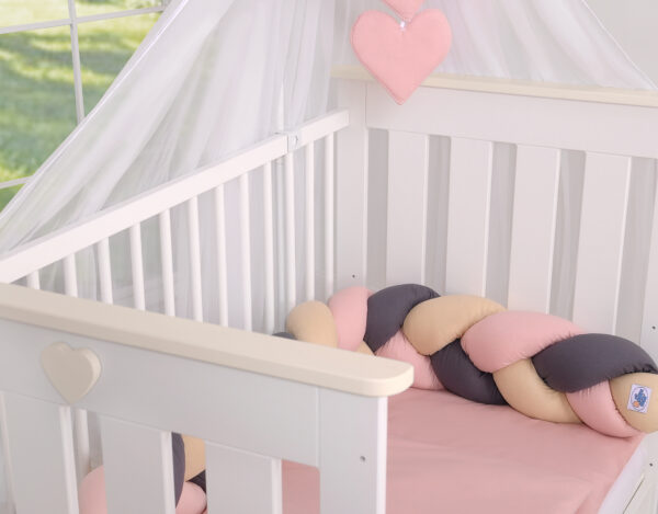 Ochraniacz warkocz pleciony do łóżeczka – beżowy-brudny róż-antracyt