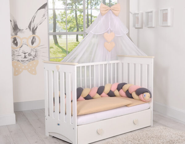 Ochraniacz warkocz pleciony do łóżeczka – beżowy-brudny róż-antracyt